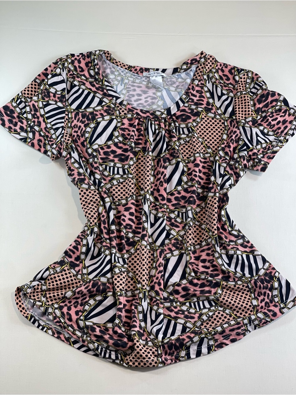 Women's Pink Mixed-Print Short Sleeve Tee with Chain & Animal Motifs